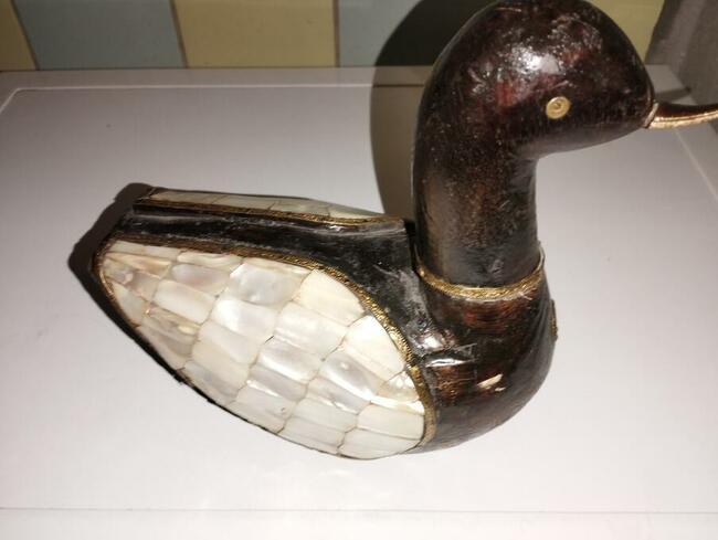 Vintage kaczka drewno mosiądz masa perłowa