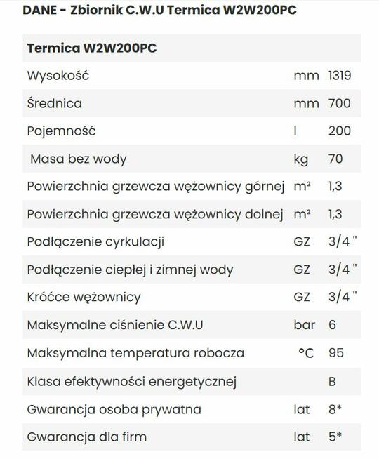 zbiornik CWU 200 l Termika W2W200PC nierdzewka z wężownicą