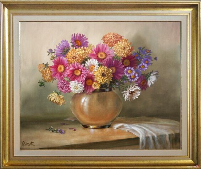 Astry w Wazonie, ręcznie malowany olejny, L. Olbrycht