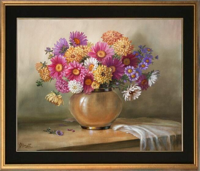 Astry w Wazonie, ręcznie malowany olejny, L. Olbrycht