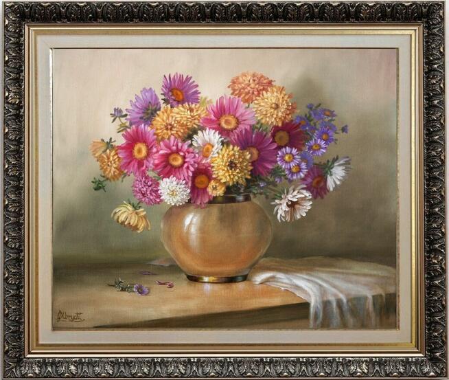 Astry w Wazonie, ręcznie malowany olejny, L. Olbrycht