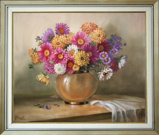 Astry w Wazonie, ręcznie malowany olejny, L. Olbrycht