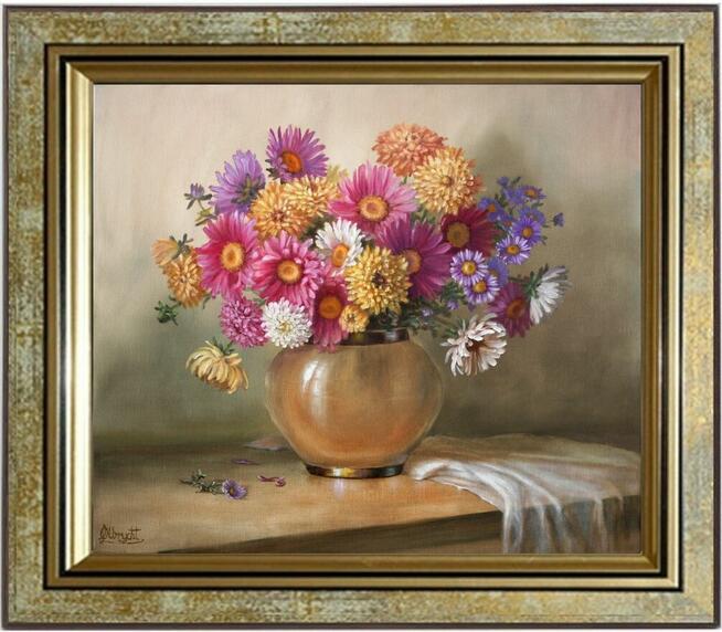 Astry w Wazonie, ręcznie malowany olejny, L. Olbrycht