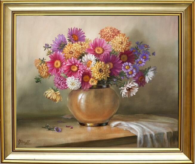 Astry w Wazonie, ręcznie malowany olejny, L. Olbrycht