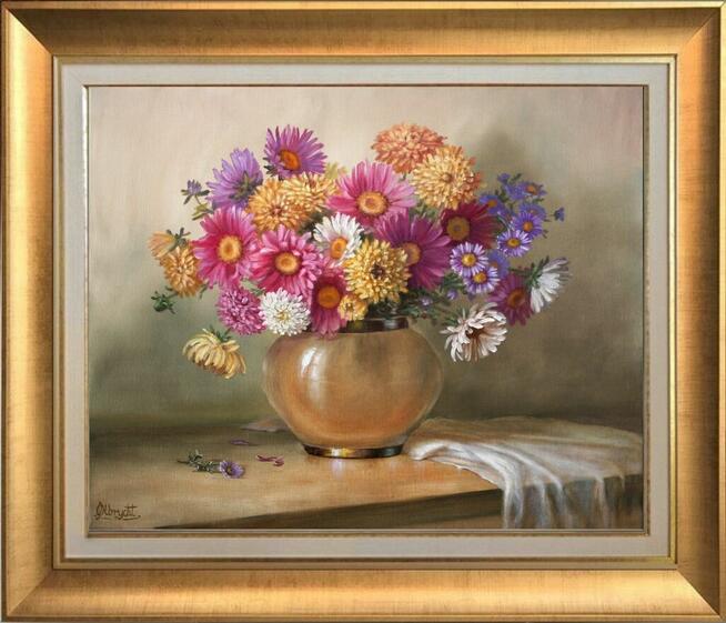 Astry w Wazonie, ręcznie malowany olejny, L. Olbrycht