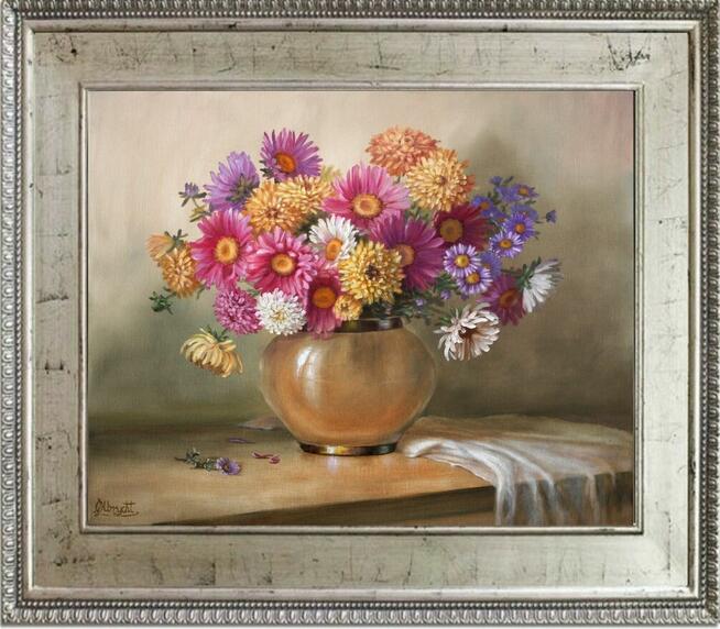 Astry w Wazonie, ręcznie malowany olejny, L. Olbrycht