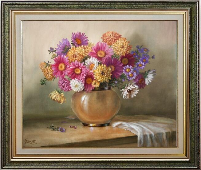 Astry w Wazonie, ręcznie malowany olejny, L. Olbrycht