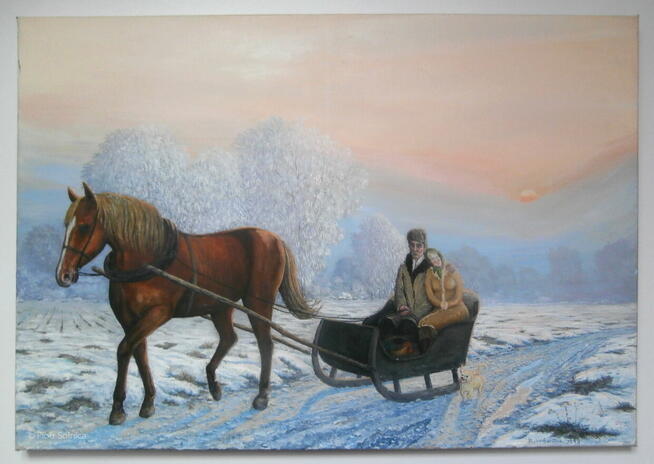 Obraz „Saniami na targ” olej na płótnie, 50/70 cm