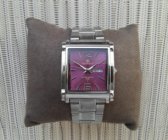 Męski zegarek Perfect, z fioletowym cyferblatem, z pudełkiem