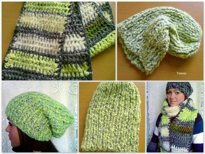 Gruby szal szydełkowy- patchwork- szary z seledynem:)