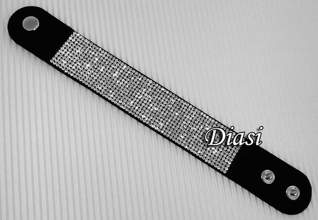 Bransoletka eko skóra, 12 rzędów cyrkonii, czarna nowa