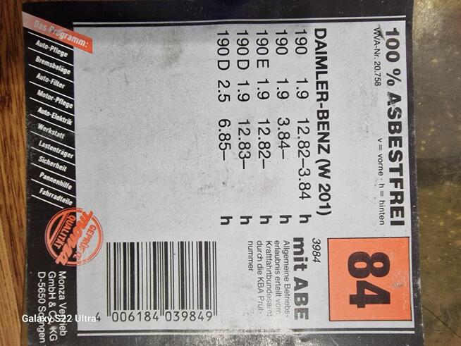 Klocki hamulcowe Monza . Mercedes W201. 190 tyl.