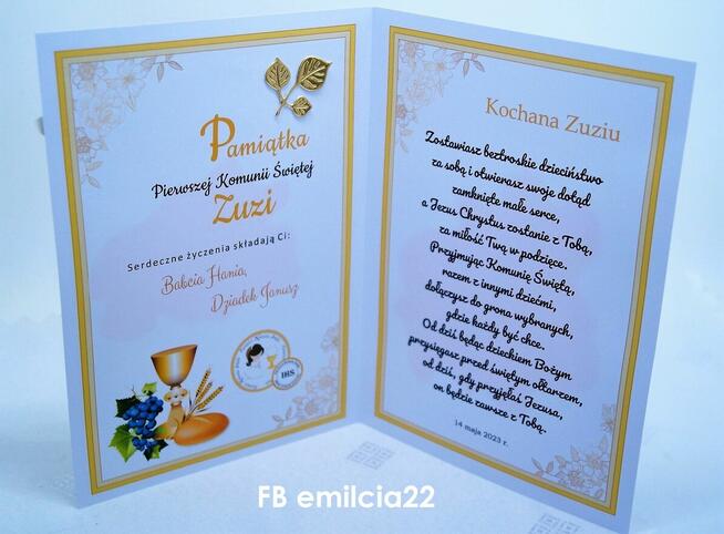 KOMUNIA Kartka spersonalizowana z życzeniami pamiątka A5