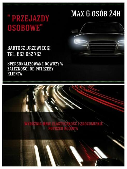 Transport na zasadzie Taxi przewóz osobowy 1-6 osób całodobo