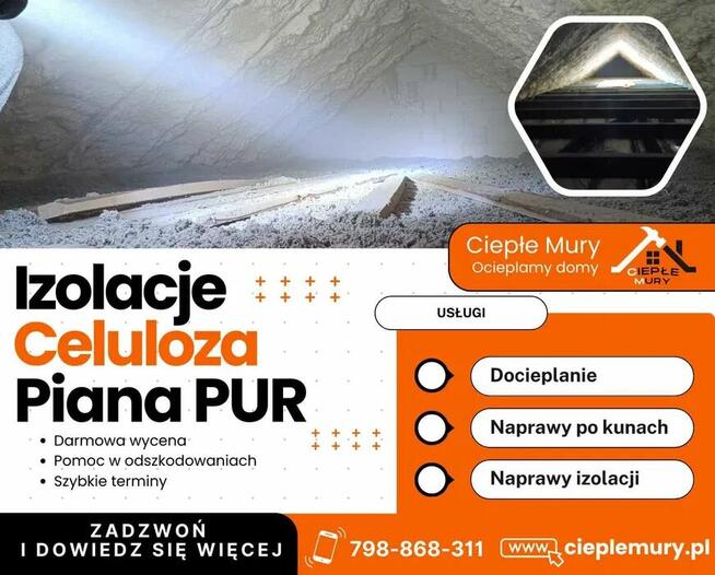 Ocieplenia poddaszy celulozą-PUR, naprawa izolacji po kunach