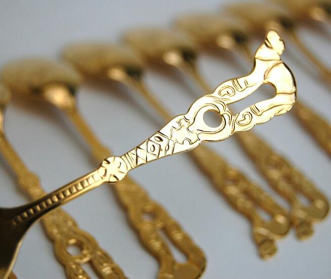 Platerowane złotem, złote łyżeczki do kawy 12 szt. wielbłąd