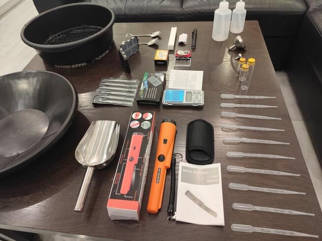 Zestaw do płukania złota - Miska, sito, lupa, waga, detektor