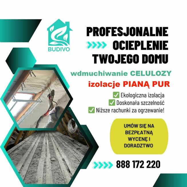 Ocieplenia pianką PUR, izolacje CELULOZĄ poddasza strop dach
