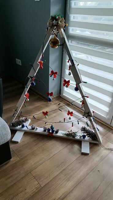 Choinka drewniana kompletna świerkowa lite drewno biała ozdoby