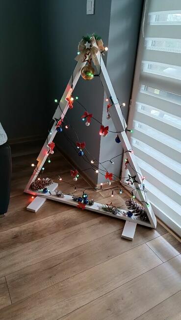 Choinka drewniana kompletna świerkowa lite drewno biała ozdoby