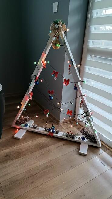 Choinka drewniana kompletna świerkowa lite drewno biała ozdoby