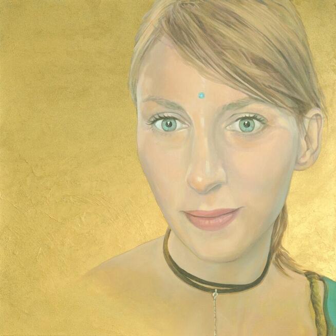 Obraz 70x70cm - akryl, płótno - Portret kobiety - złote tło.
