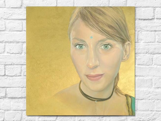 Obraz 70x70cm - akryl, płótno - Portret kobiety - złote tło.