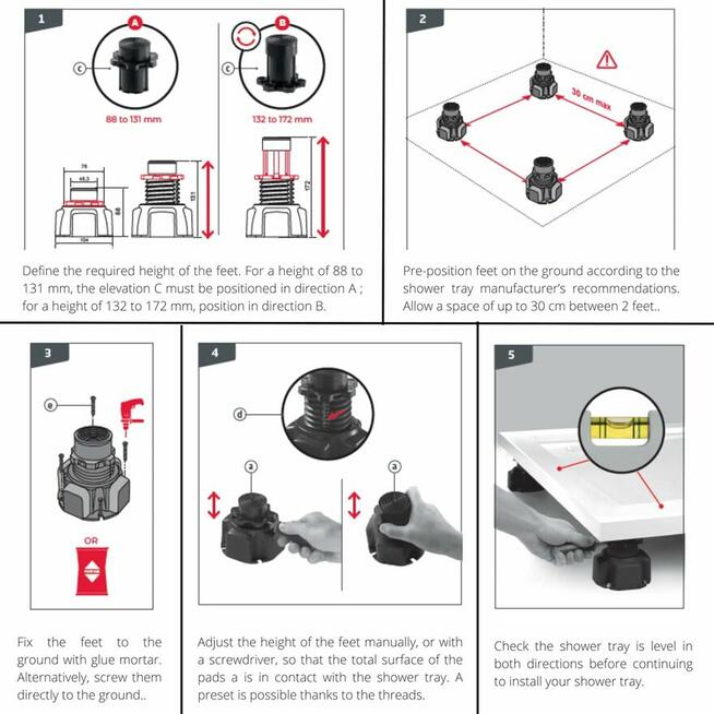 Regulowane nogi pod brodzik 87-170 mm solidne Wirquin 450kg