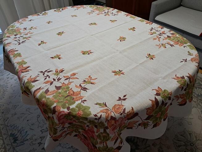 Obrus lniany biały w kolorowe kwiaty, 166 x 130