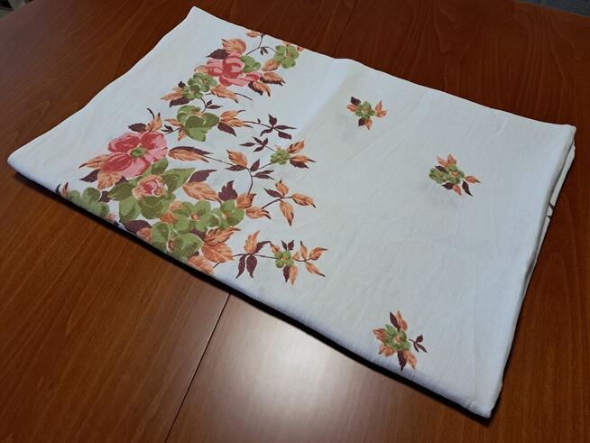 Obrus lniany biały w kolorowe kwiaty, 166 x 130