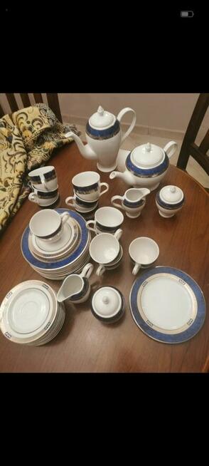 Zestaw kawowy porcelano Karolina 12 osób. Kobalt, platyna