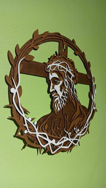 Drewniany Obraz Jezus w Koronie Cierniowej 3D - Dekoracja Śc
