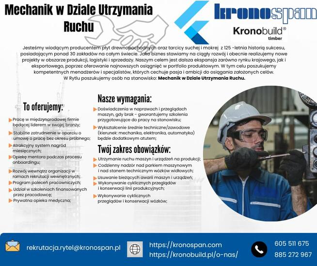 Osoba na stanowisko mechanik w Dziale Utrzymania Ruchu