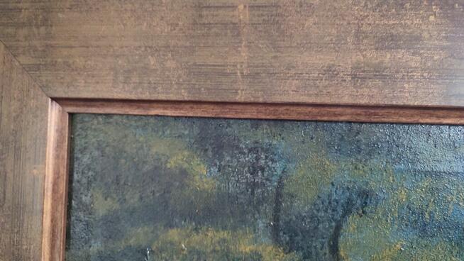 Obraz olejny - Las, rzeka, domek w lesie