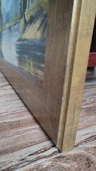 Obraz olejny - Las, rzeka, domek w lesie