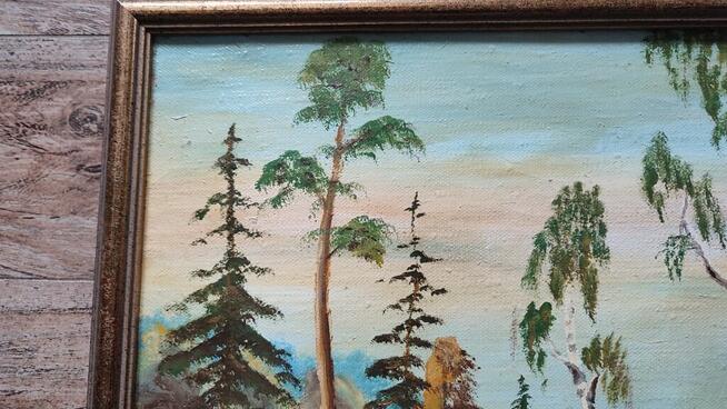 Obraz olejny - Las, przyroda, domek w lesie