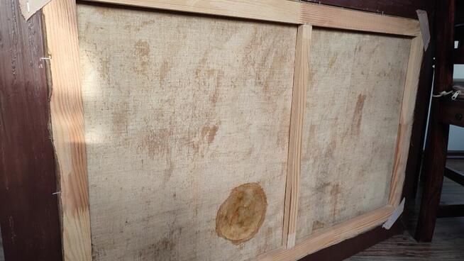 Obraz olejny - Las, rzeka, domek w lesie