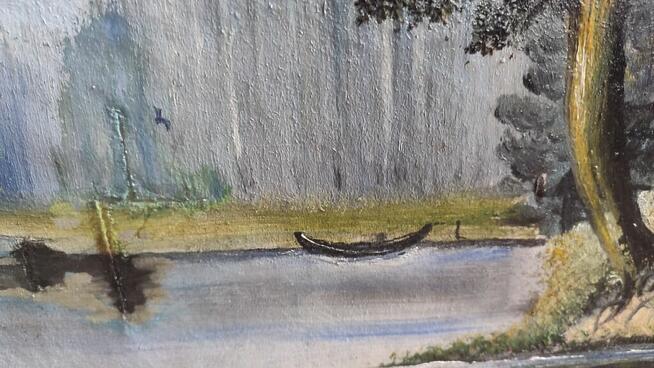 Obraz olejny - Las, rzeka, domek w lesie