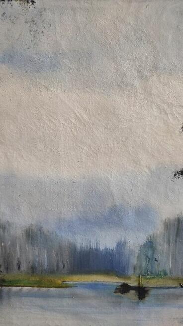 Obraz olejny - Las, rzeka, domek w lesie