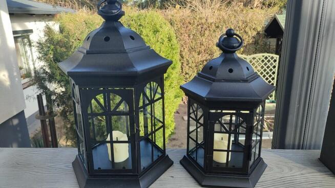 Lampiony metalowe szklone + świeczniki ledowe kpl-2szt