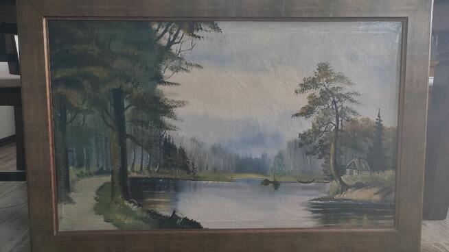 Obraz olejny - Las, rzeka, domek w lesie