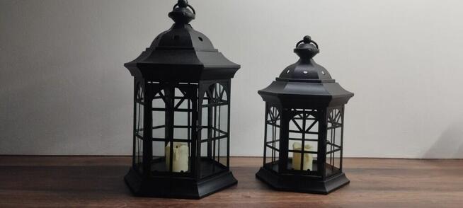 Lampiony metalowe szklone + świeczniki ledowe kpl-2szt