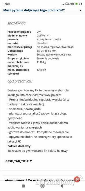 Zestaw zawieszenia gwintowanego FK VW Golf 5 nowy