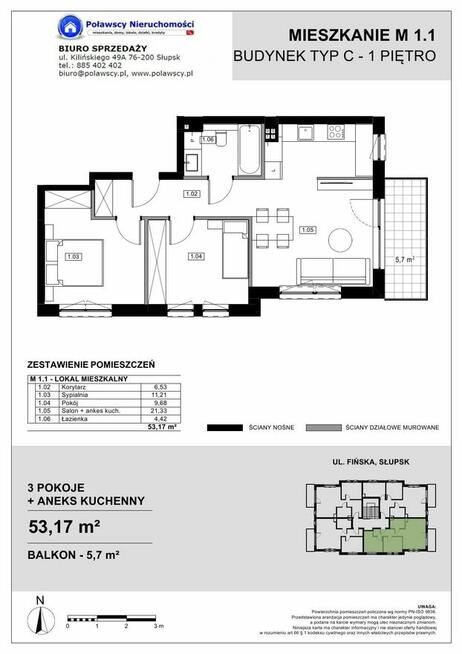 3 pokojowe 53,17m2 balkon m. postojowe ul. Fińska C