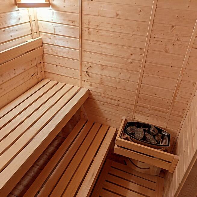 Sauna ogrodowa zewnętrzna, piec na prąd Harvia