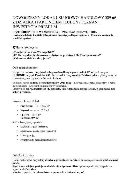 LOKAL USŁUGOWO–HANDLOWY 509 m² LUBOŃ /POZNAŃ