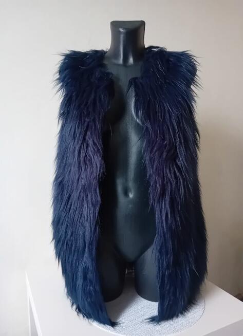 Granatowa kamizelka damska futrzana ciepła zimowa z zapiecie