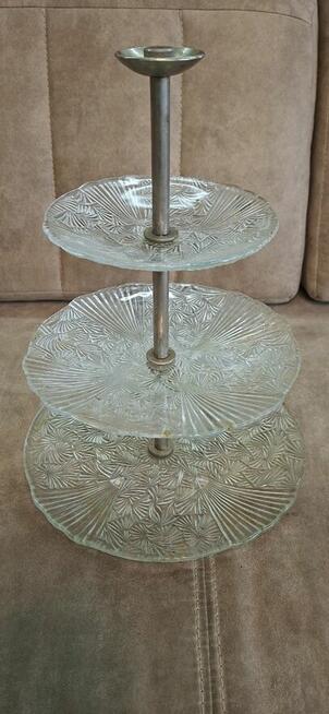 Patera trzypiętrowa szklana z uchwytem do ciasta owoców