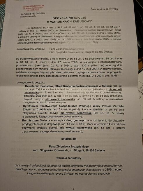 Świecie-Działka budowl inwest w Głogówku. Czytaj ogłoszenie.