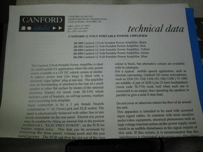 CANFORD audio 12V Power Amplifer 22W/4, 35W/2, przenośny wzm